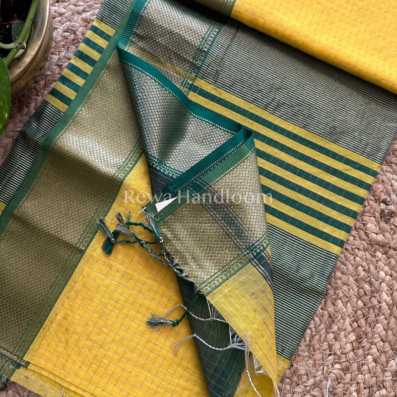 Maheshwari Yellow Zari Checkered Sarees-ZCHX020