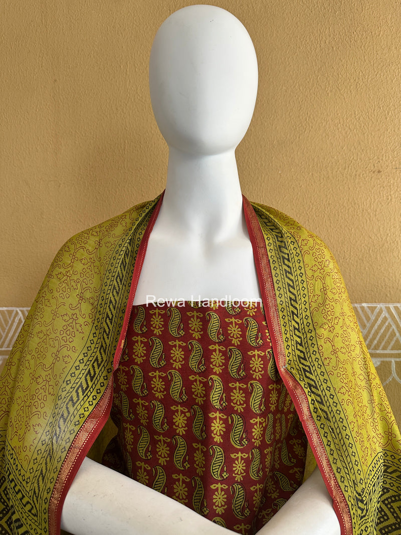 Maheshwari Perrot Green Bagh Print Top-Dupatta Set BTD038