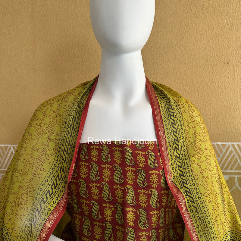 Maheshwari Perrot Green Bagh Print Top-Dupatta Set BTD038