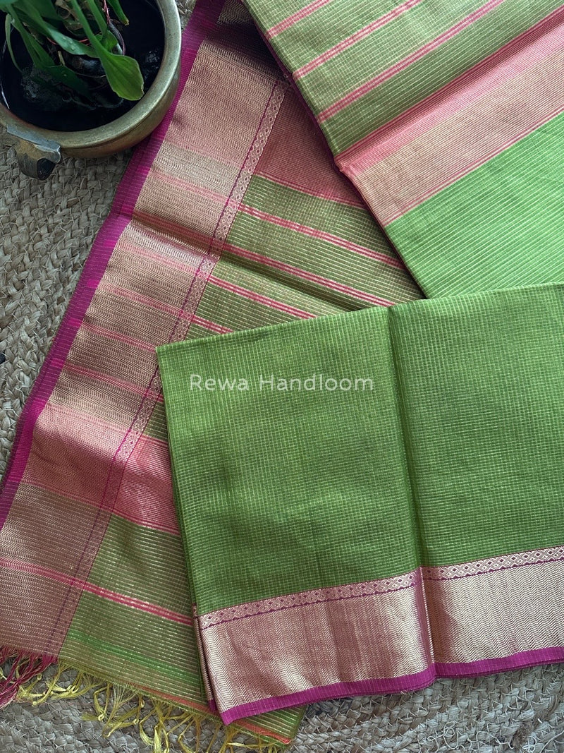 Exclusive Maheshwari Parrot Green Tissue Silk Saree ZTS090
