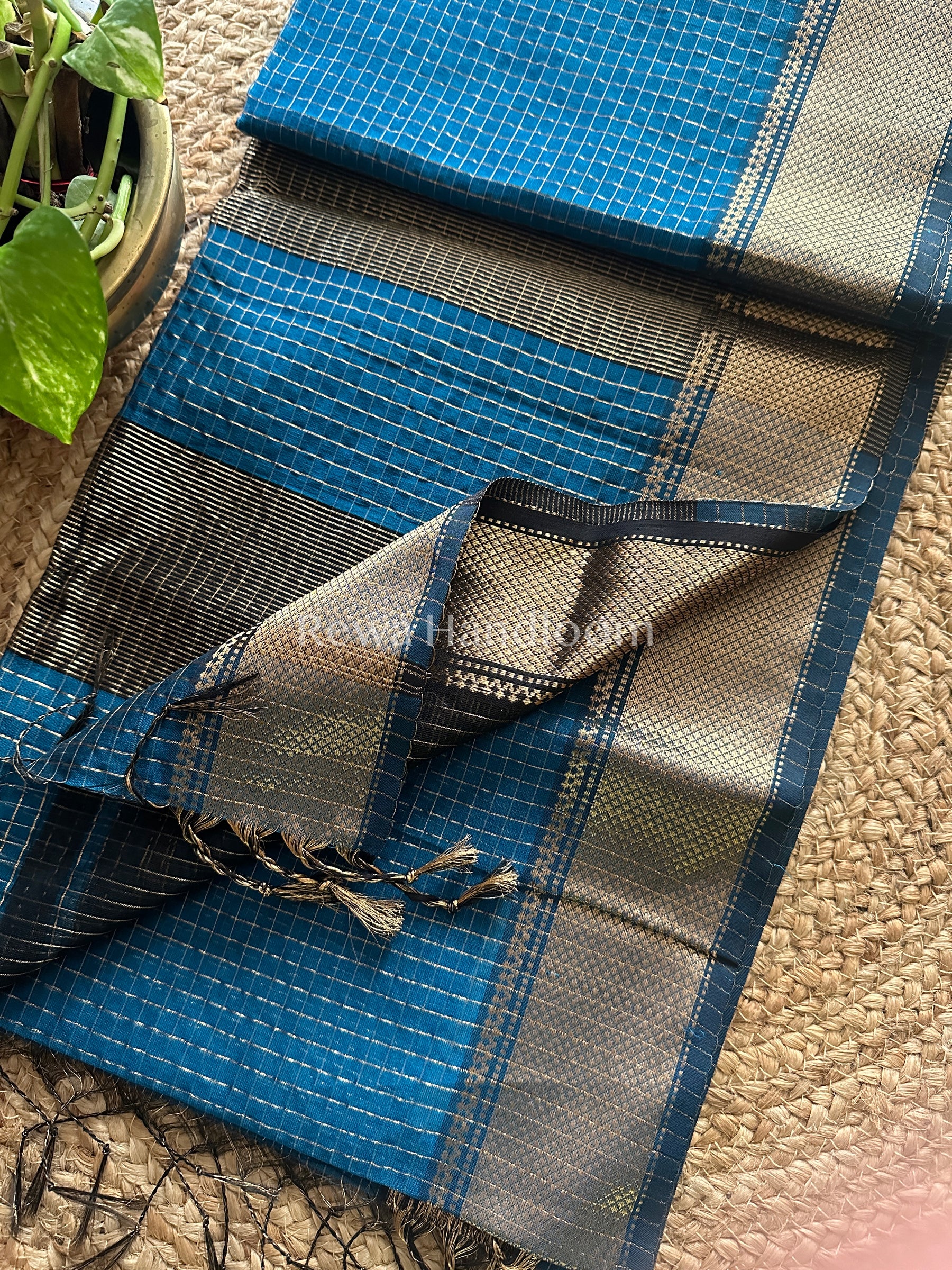 Maheshwari Dark Blue Zari Checkered Sarees-ZCHX035