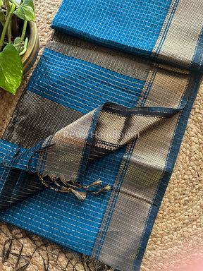 Maheshwari Dark Blue Zari Checkered Sarees-ZCHX035