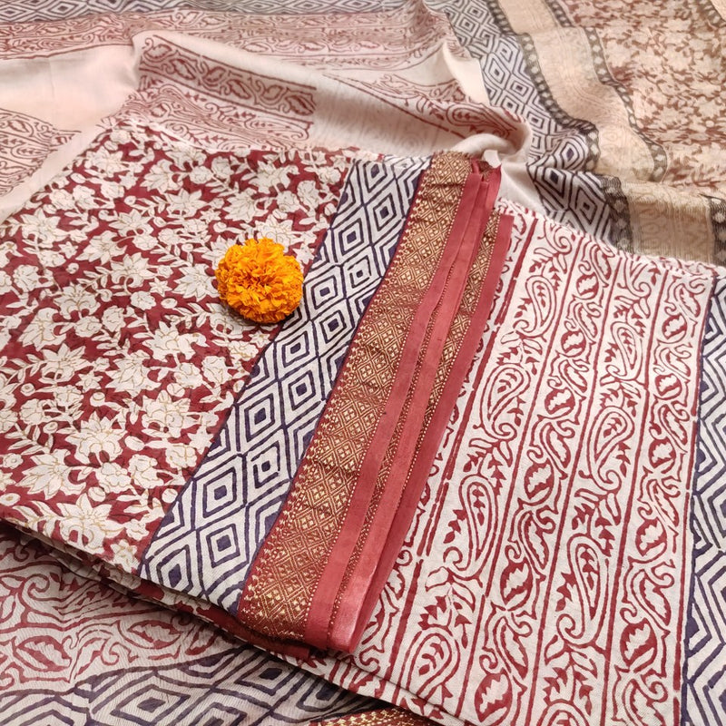 Maheshwari Red- Beige Bagh Print Suit