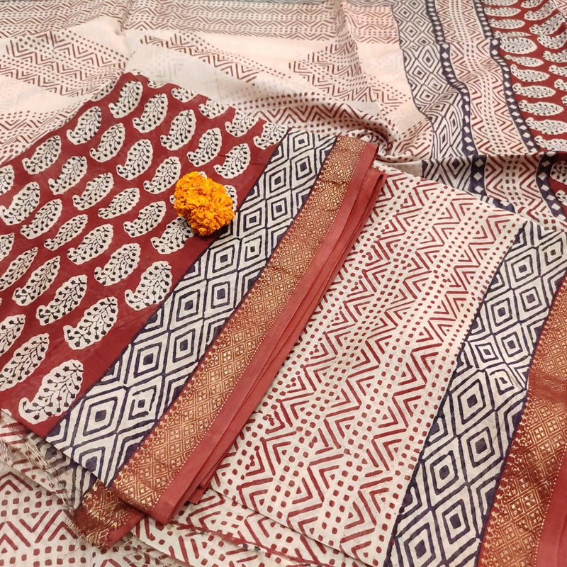 Maheshwari Red-Offwhite Bagh Print Suit