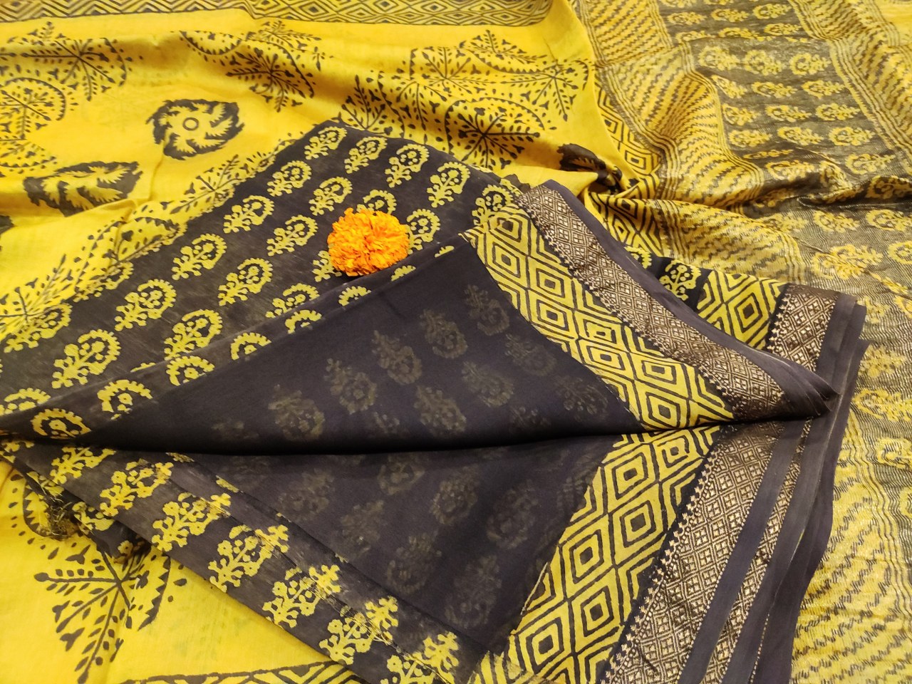 Maheshwari Black-Yellow Bagh Print Suit