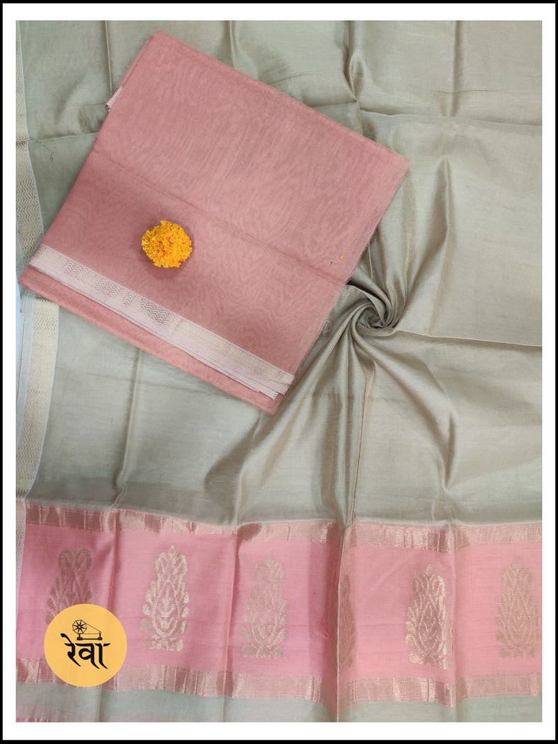 Maheshwari Peach- Grey Tissue Buta Dress Material
