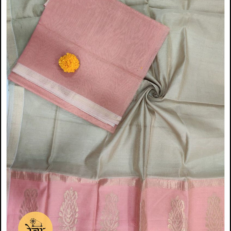 Maheshwari Peach- Grey Tissue Buta Dress Material