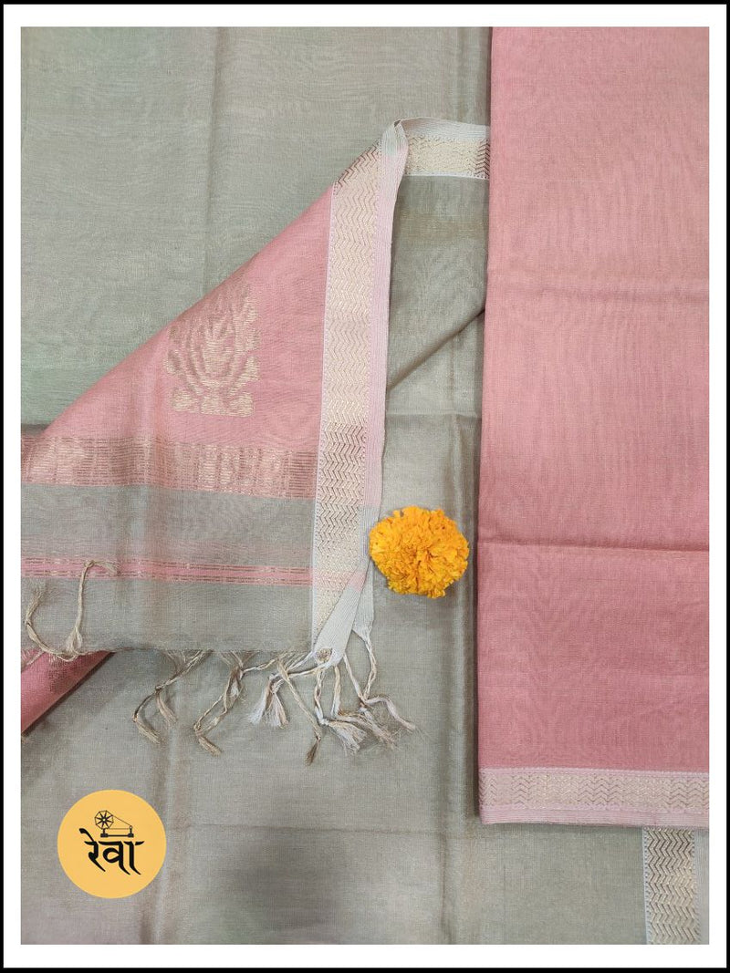 Maheshwari Peach- Grey Tissue Buta Dress Material