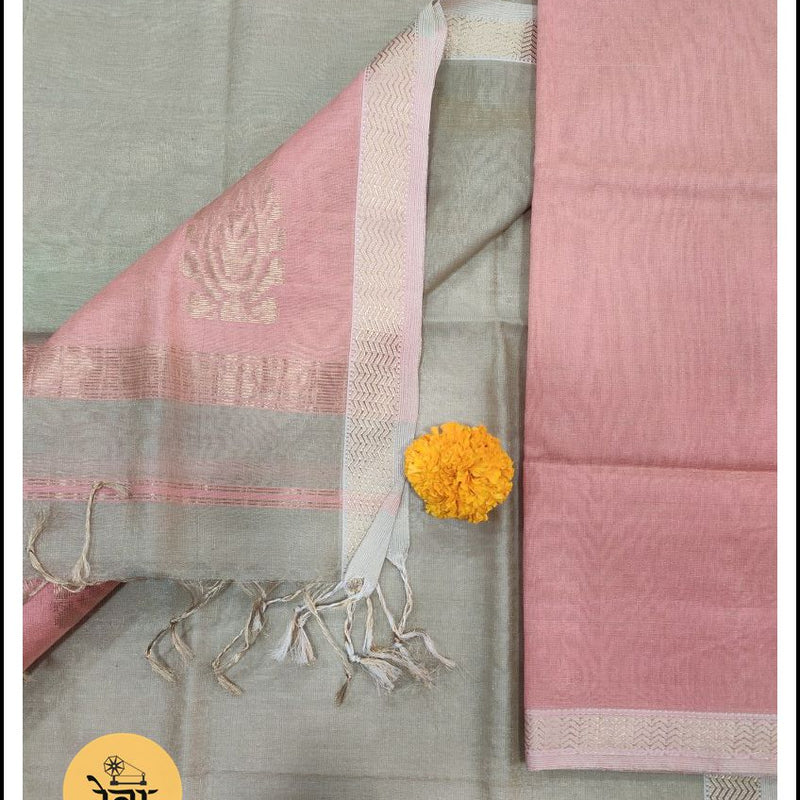Maheshwari Peach- Grey Tissue Buta Dress Material