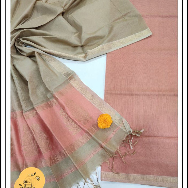 Maheshwari Peach- Grey Tissue Buta Dress Material