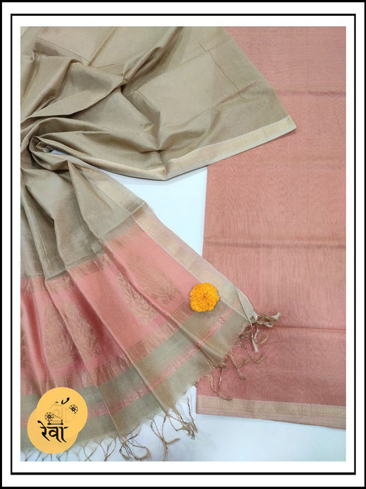 Maheshwari Peach- Grey Tissue Buta Dress Material