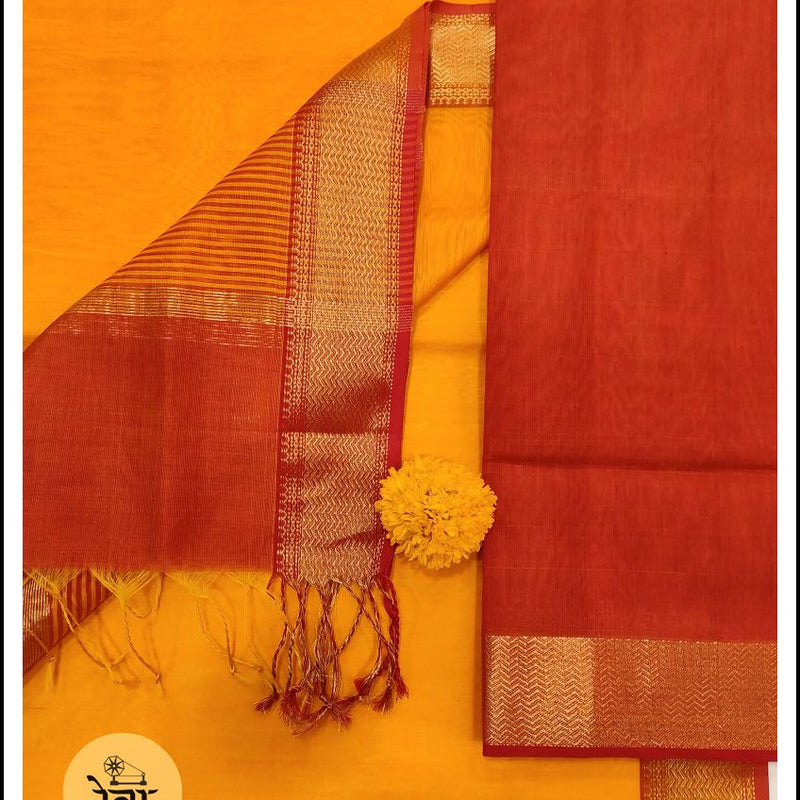 Maheshwari Rust-Orange Zari Border Dress Material