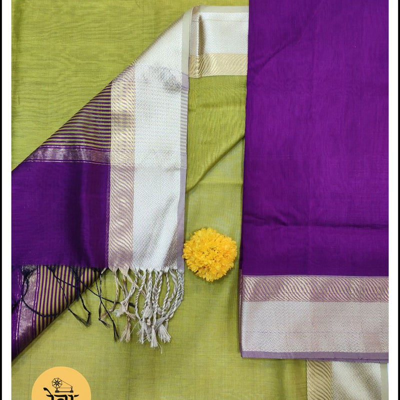 Maheshwari Purple Blue-Green Zari Border Dress Material