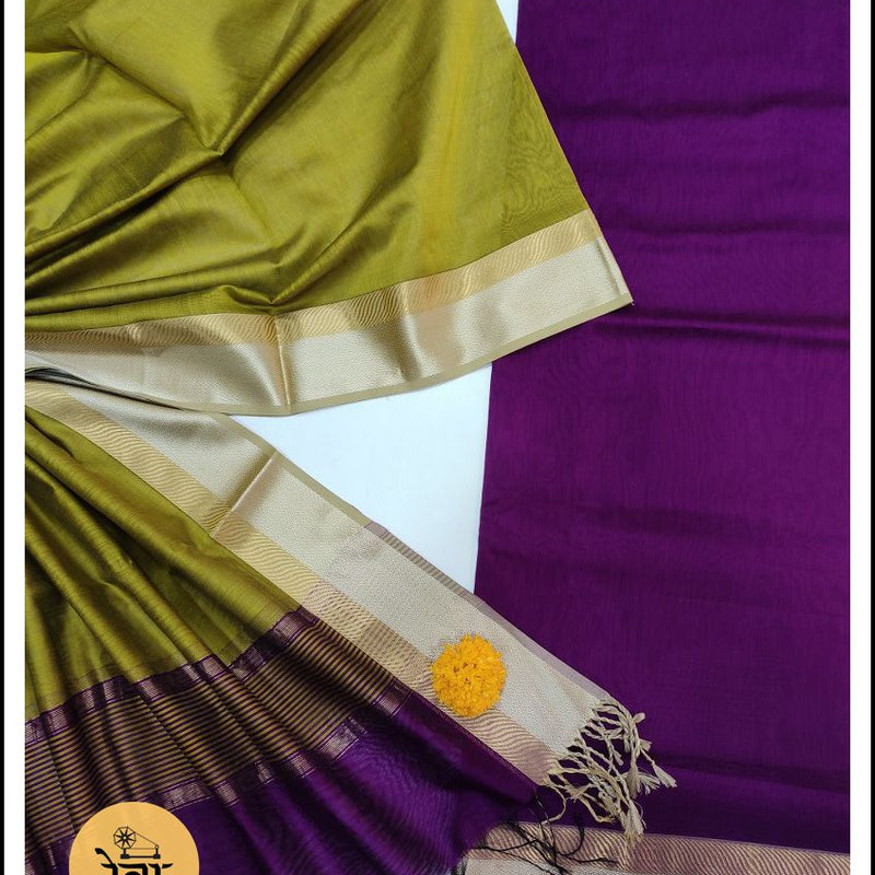 Maheshwari Purple Blue-Green Zari Border Dress Material