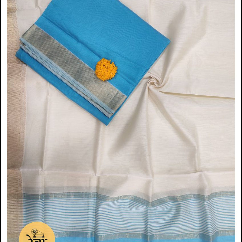 Maheshwari Sea Blue-White Zari Border Dress Material