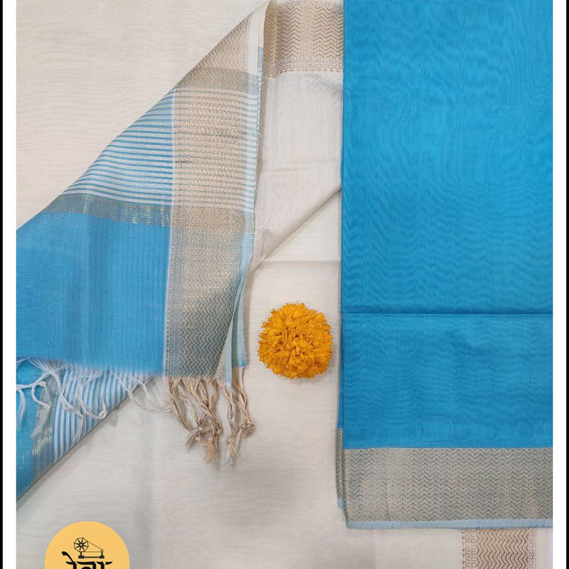 Maheshwari Sea Blue-White Zari Border Dress Material