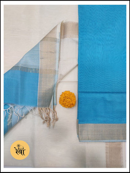 Maheshwari Sea Blue-White Zari Border Dress Material