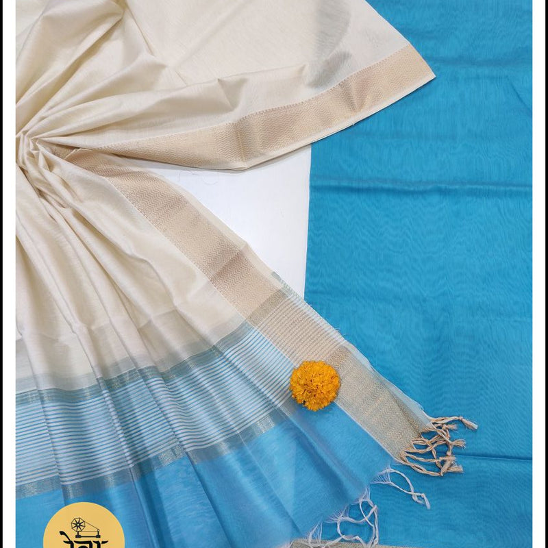 Maheshwari Sea Blue-White Zari Border Dress Material