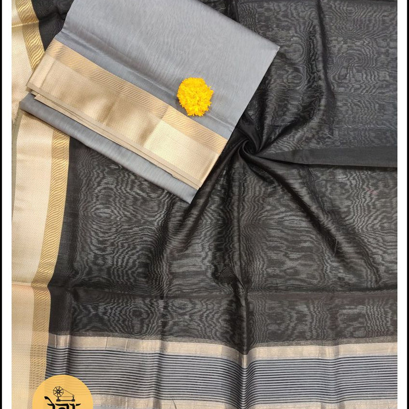 Maheshwari Grey-Black Zari Border Dress Material