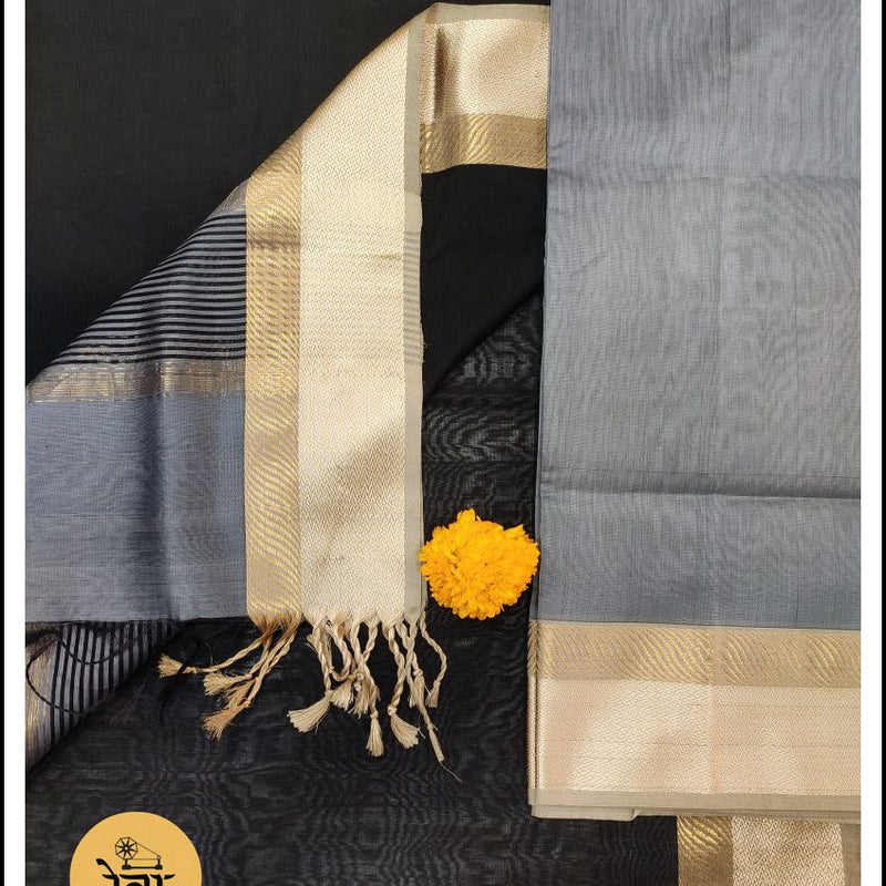 Maheshwari Grey-Black Zari Border Dress Material