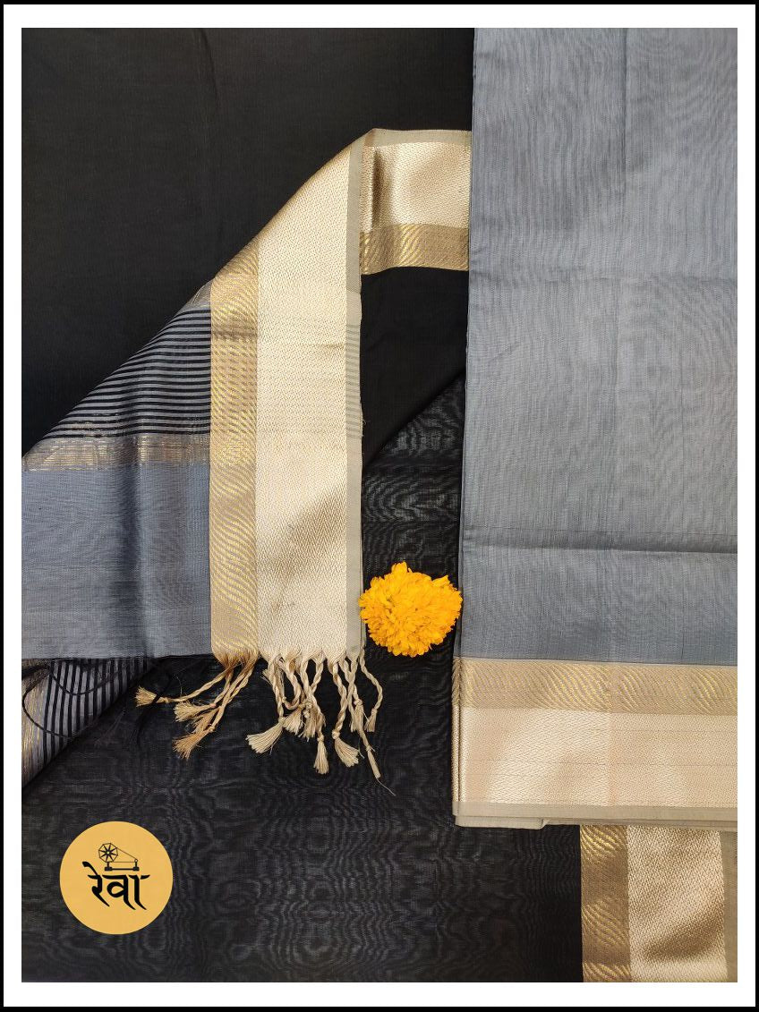 Maheshwari Grey-Black Zari Border Dress Material