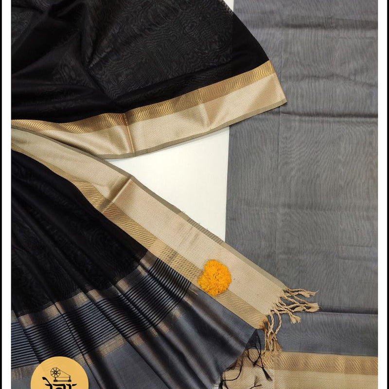 Maheshwari Grey-Black Zari Border Dress Material