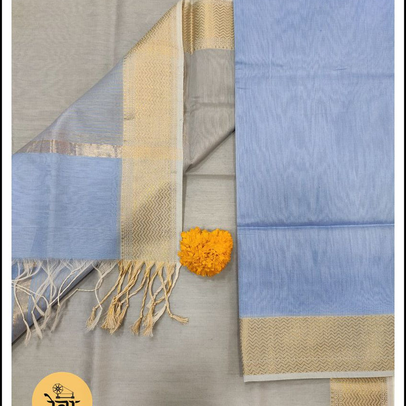 Maheshwari Blue-Tusser Zari Border Suit