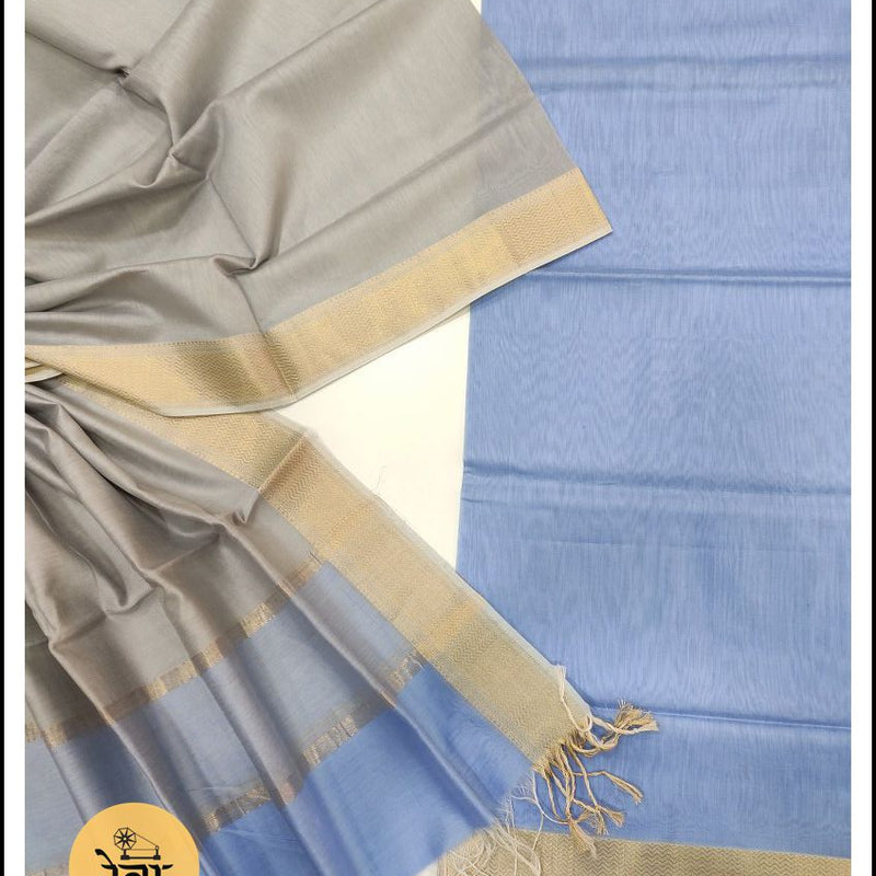 Maheshwari Blue-Tusser Zari Border Suit