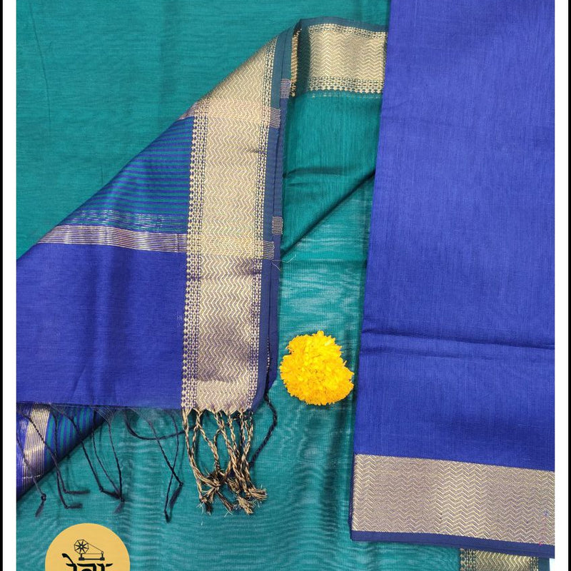 Maheshwari Blue-Rama Green Zari Border Suit