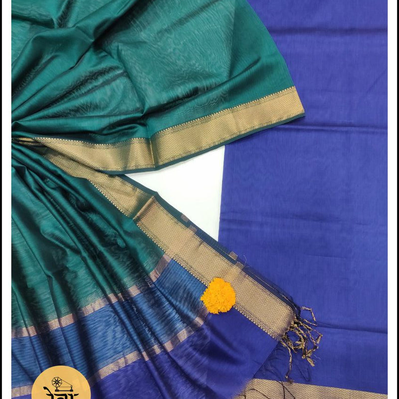 Maheshwari Blue-Rama Green Zari Border Suit
