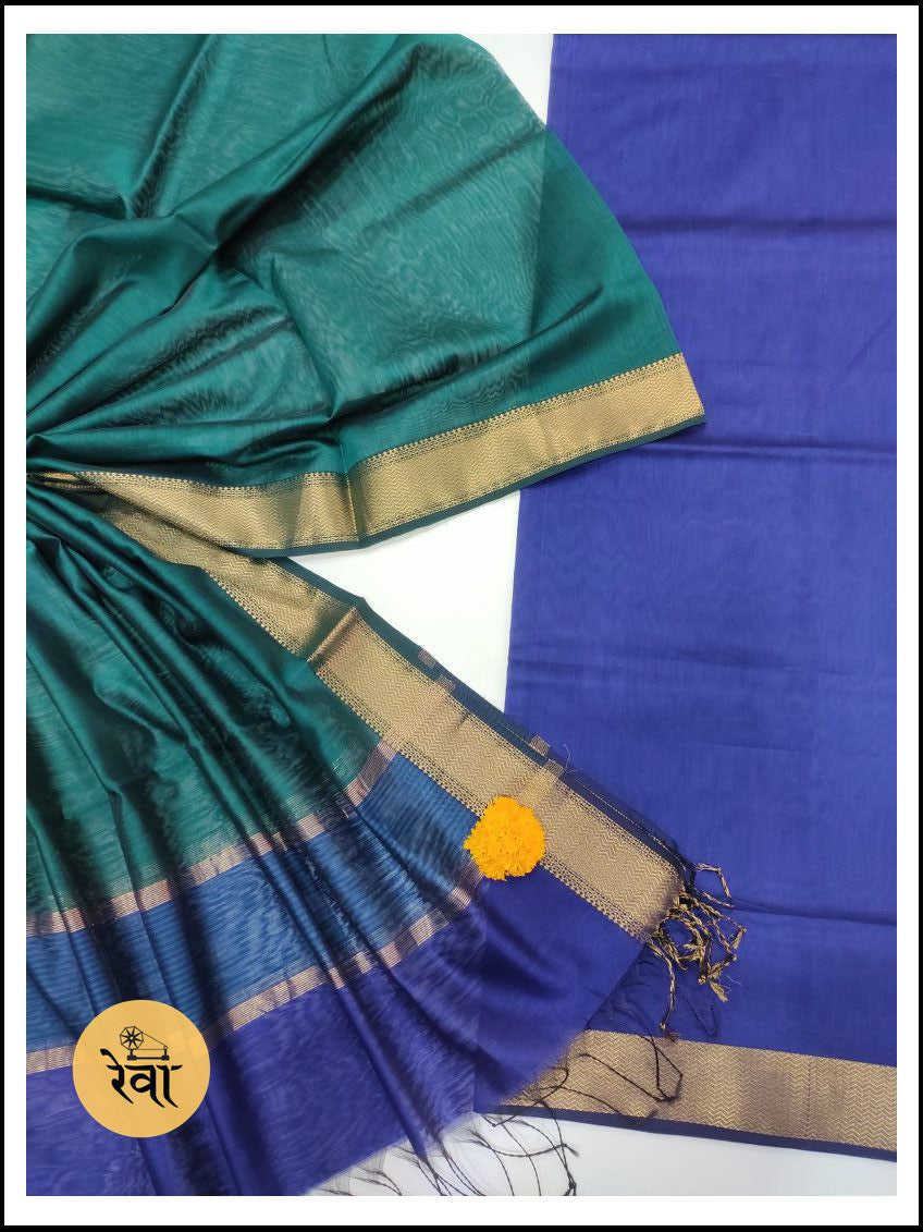 Maheshwari Blue-Rama Green Zari Border Suit