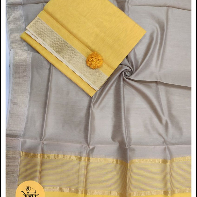 Maheshwari Yellow-Tusser Zari Border Dress Material