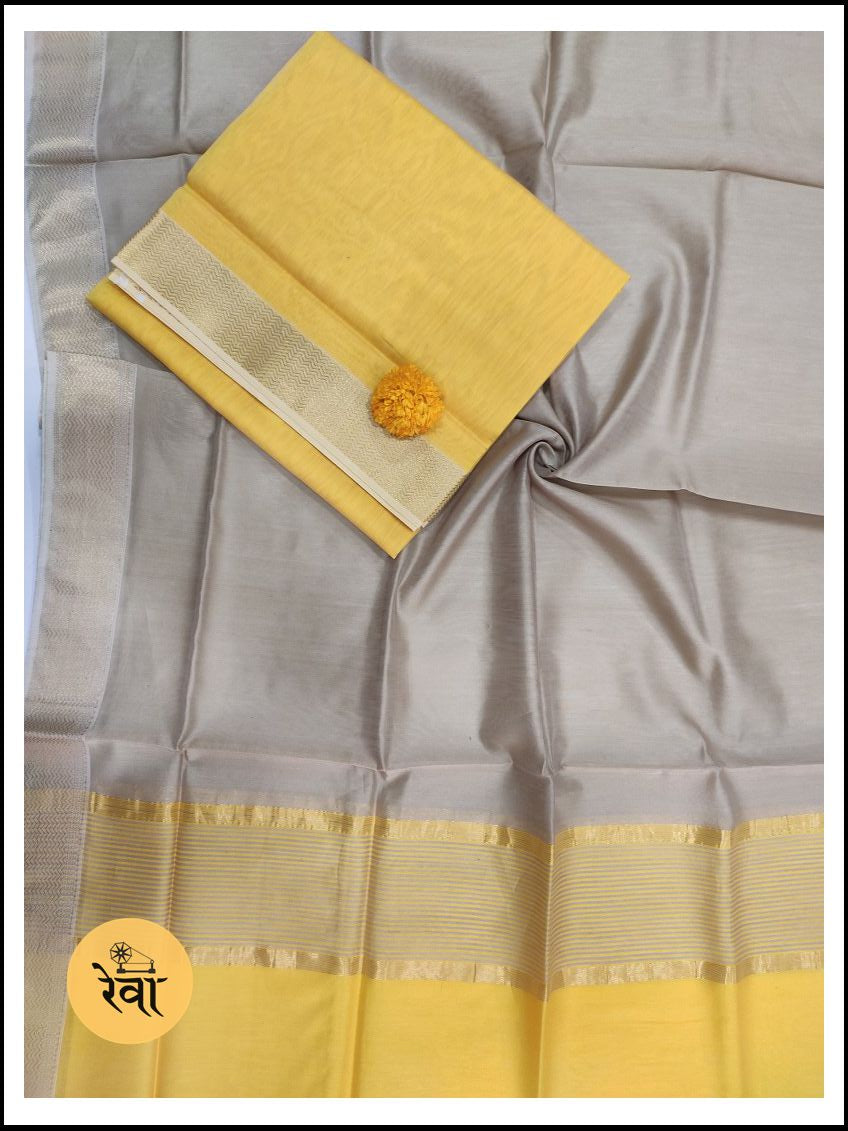 Maheshwari Yellow-Tusser Zari Border Dress Material