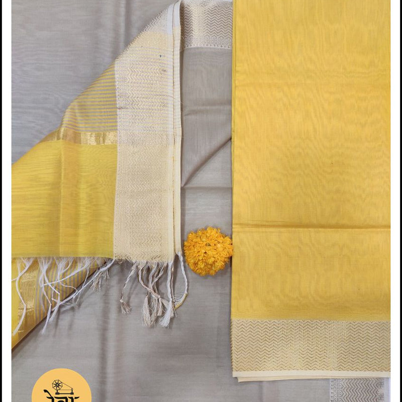 Maheshwari Yellow-Tusser Zari Border Dress Material