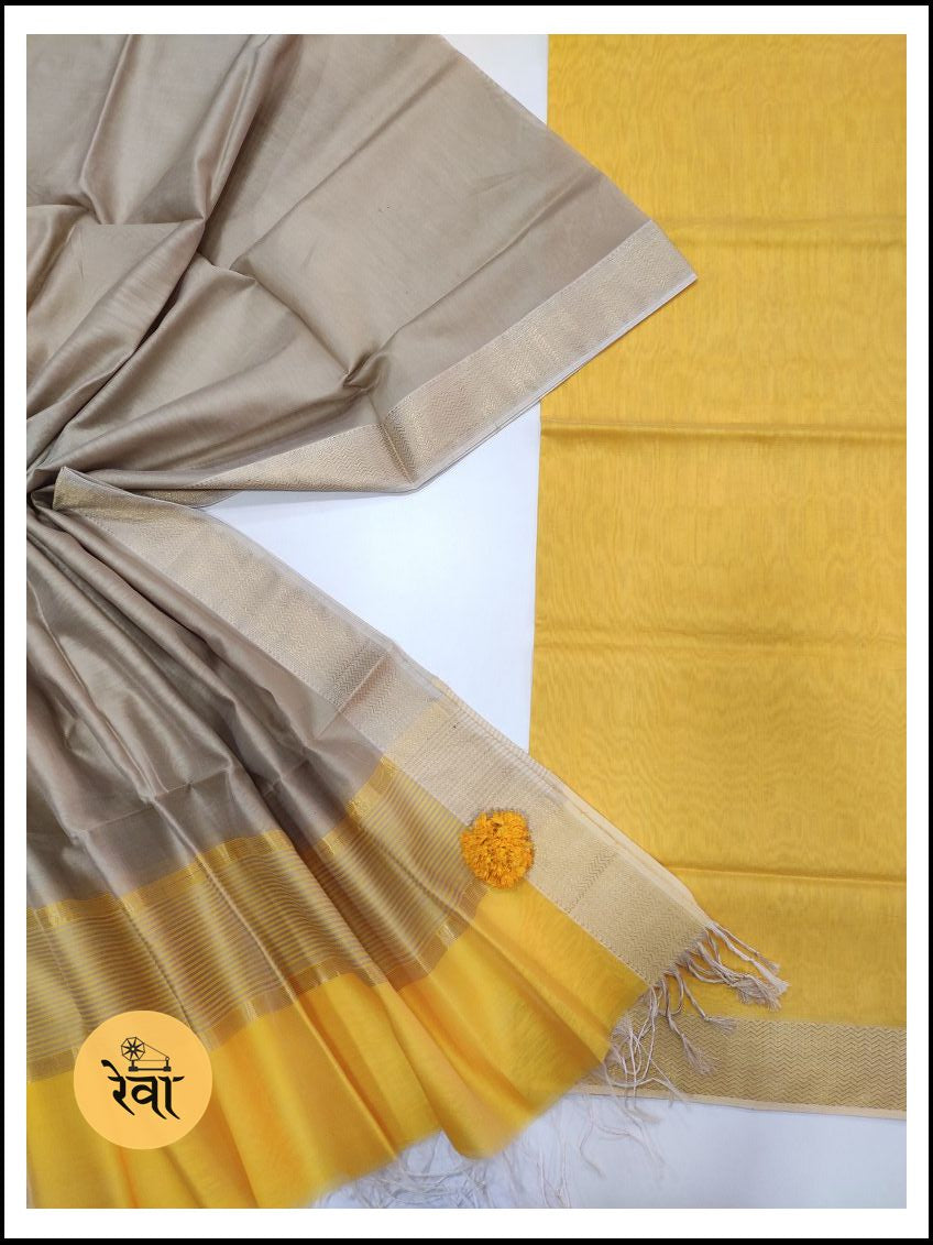 Maheshwari Yellow-Tusser Zari Border Dress Material