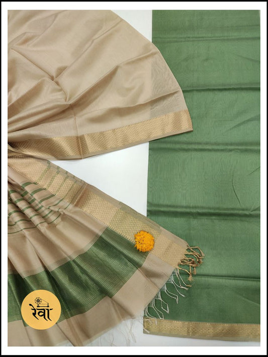 Maheshwari Pista Green-Tusser Zari Border Dress Material