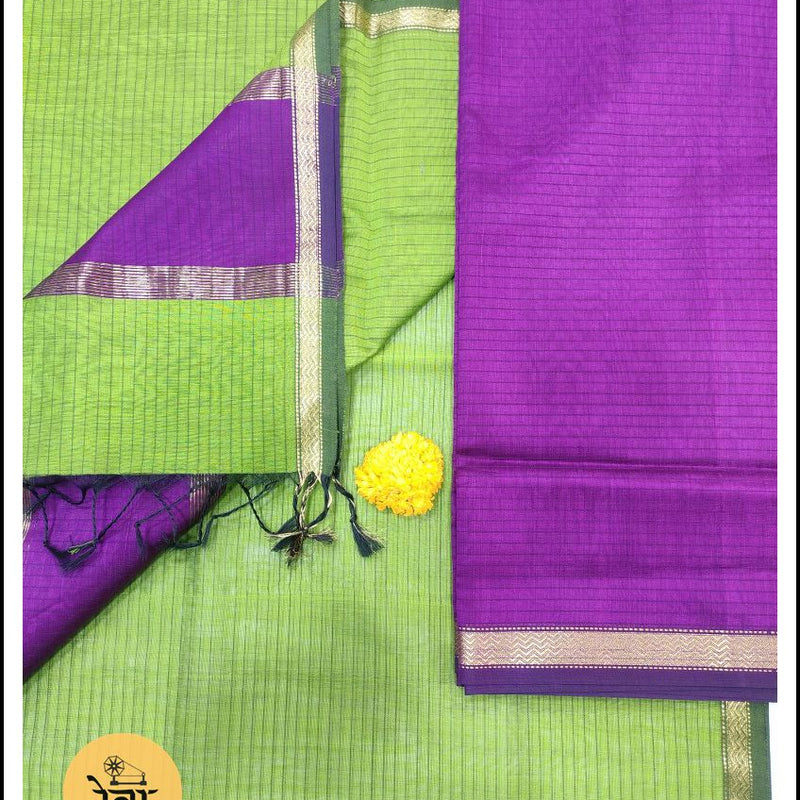 Maheshwari Purple Blue-Green Zari Border Dress Material