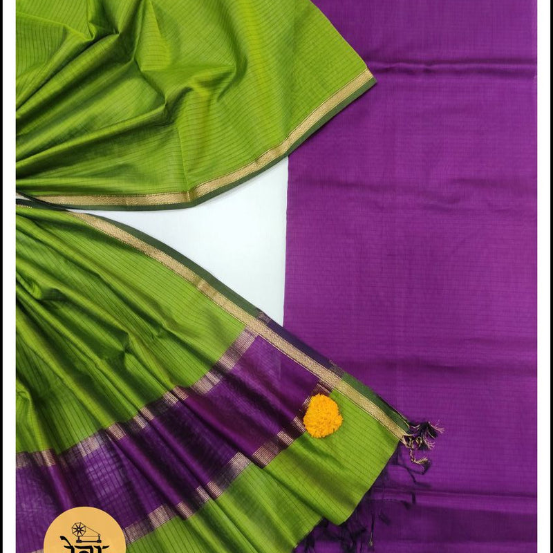 Maheshwari Purple Blue-Green Zari Border Dress Material