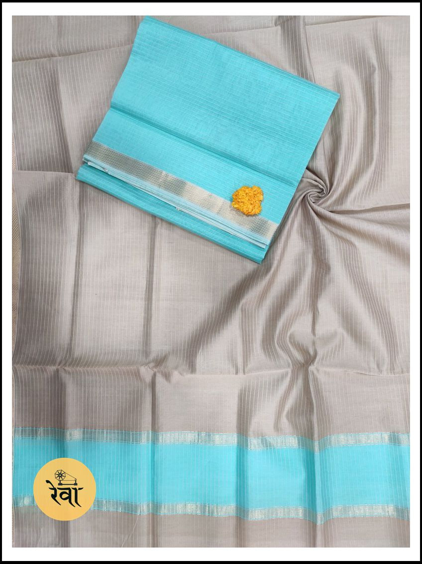 Maheshwari Sea Blue-Grey Zari Border Dress Material