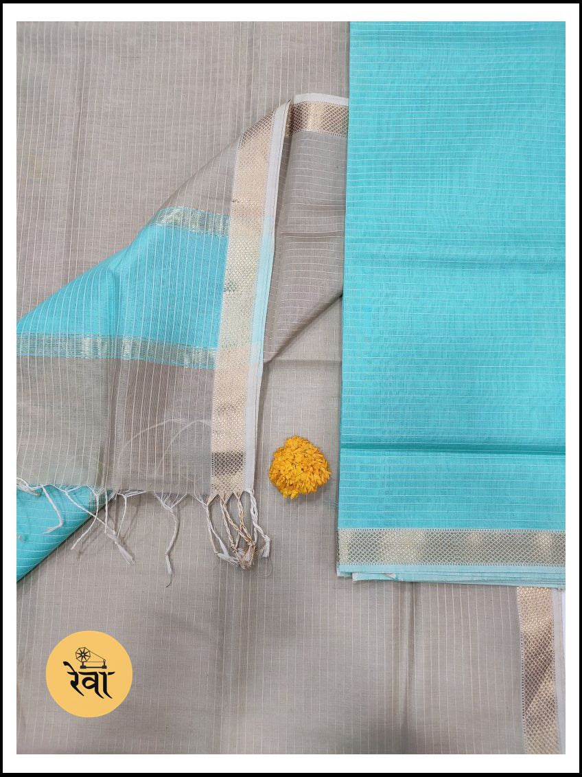 Maheshwari Sea Blue-Grey Zari Border Dress Material