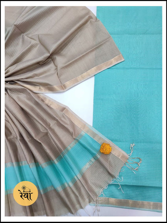 Maheshwari Sea Blue-Grey Zari Border Dress Material