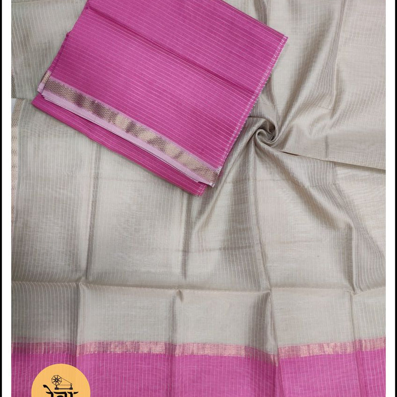 Maheshwari Pink-Grey Zari Border Dress Material