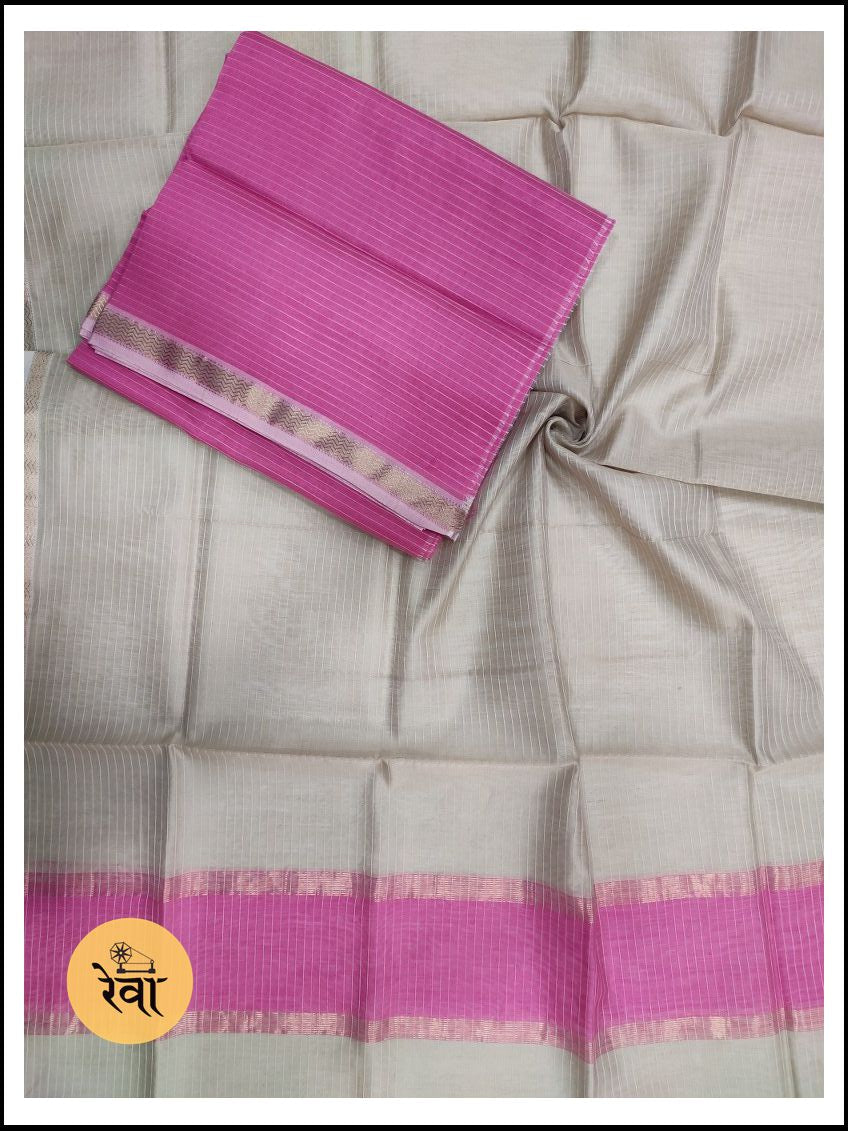 Maheshwari Pink-Grey Zari Border Dress Material