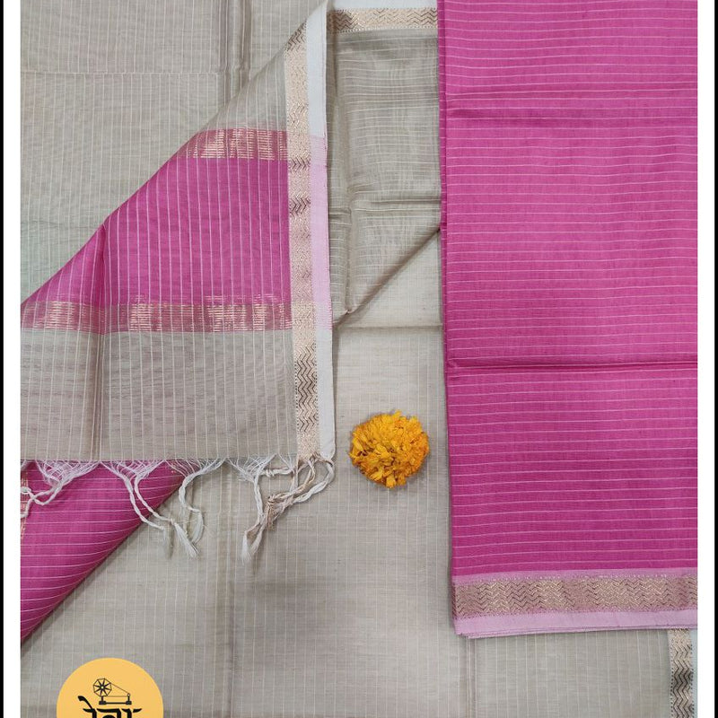 Maheshwari Pink-Grey Zari Border Dress Material
