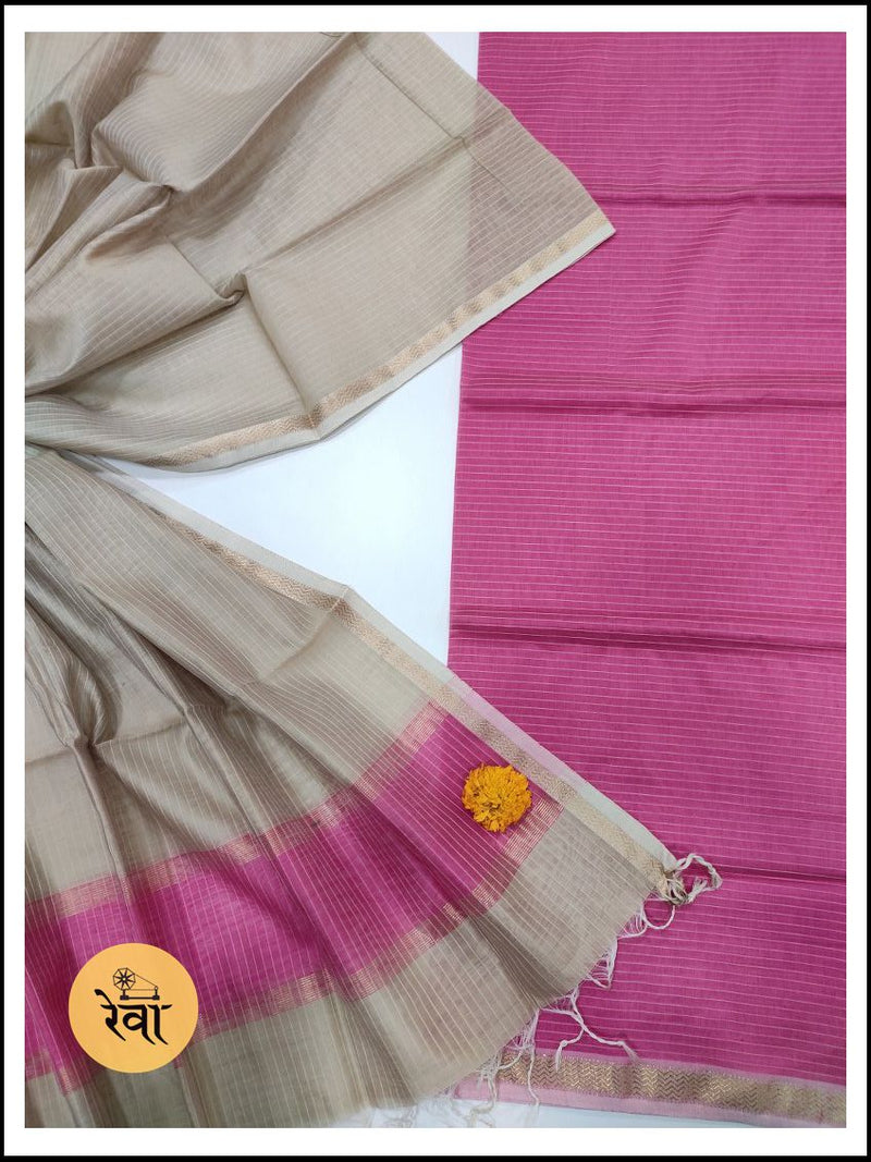 Maheshwari Pink-Grey Zari Border Dress Material