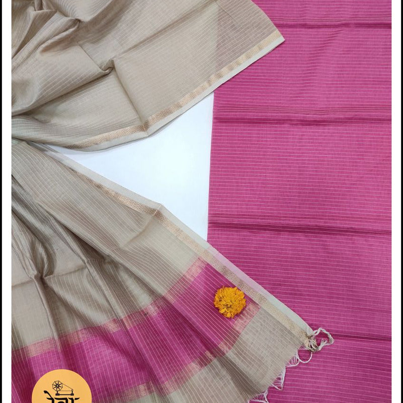 Maheshwari Pink-Grey Zari Border Dress Material