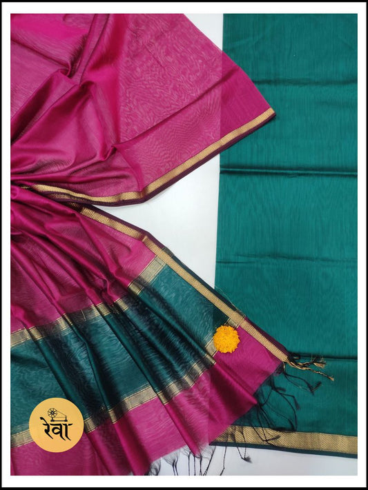 Maheshwari Rama Green-Magenta Pink Zari Border Dress Material