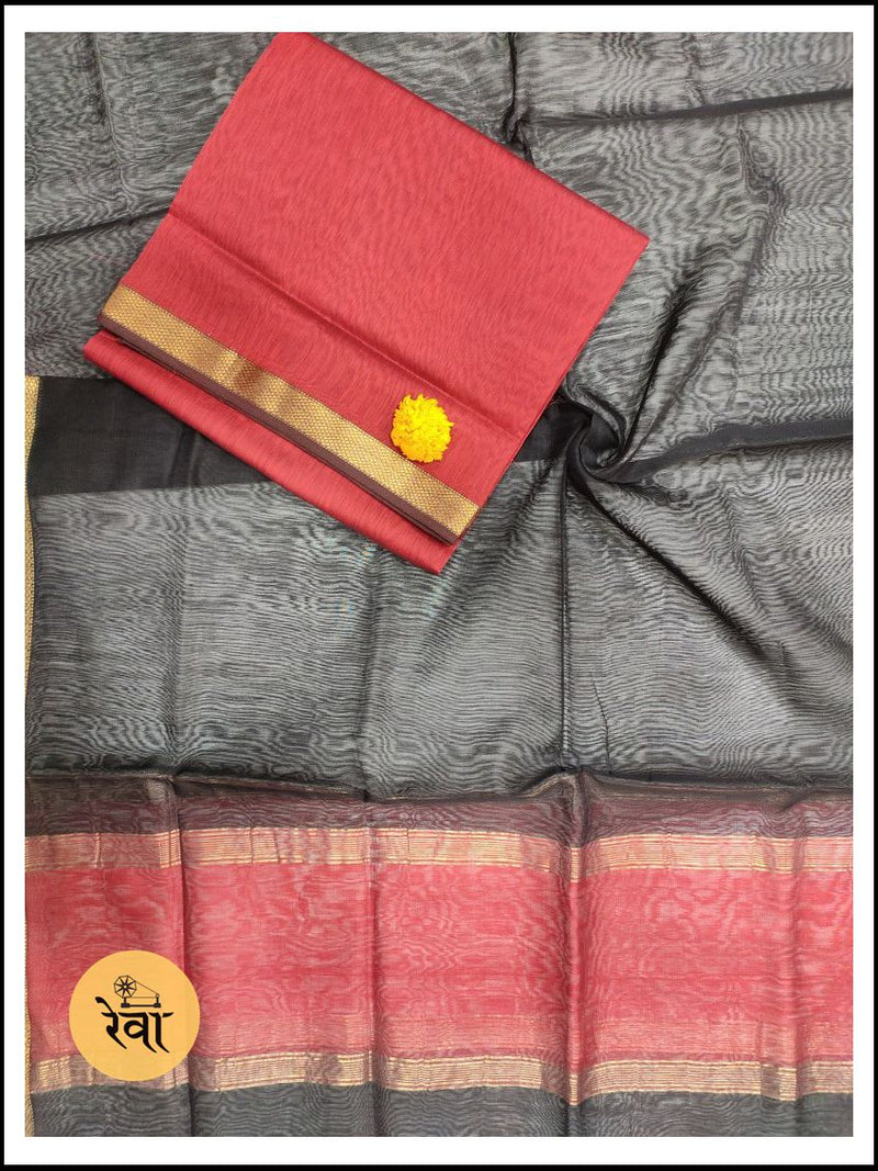 Maheshwari Red-Black Zari Border Dress Material