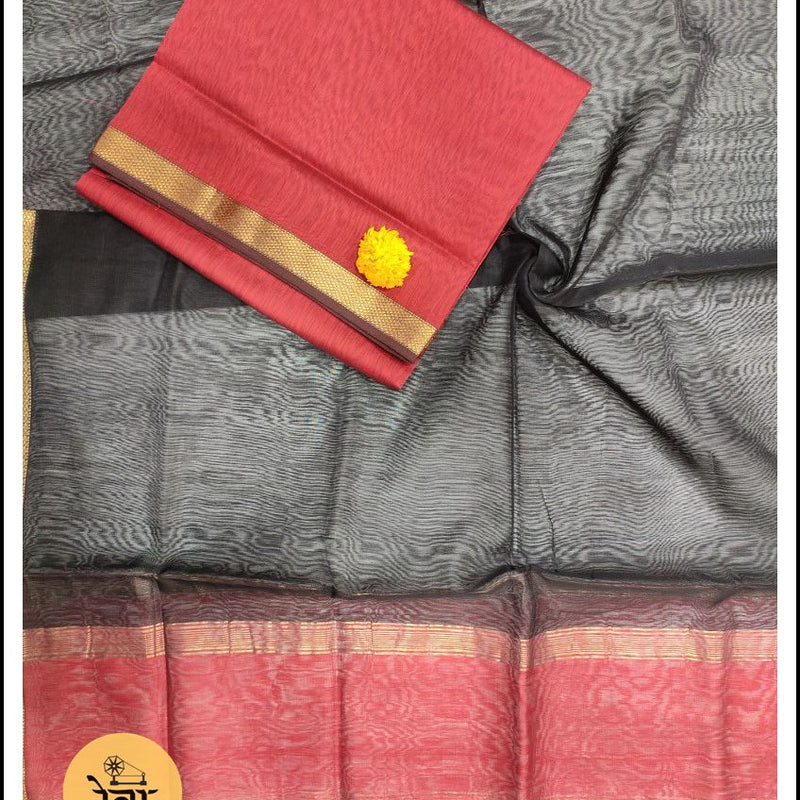 Maheshwari Red-Black Zari Border Dress Material