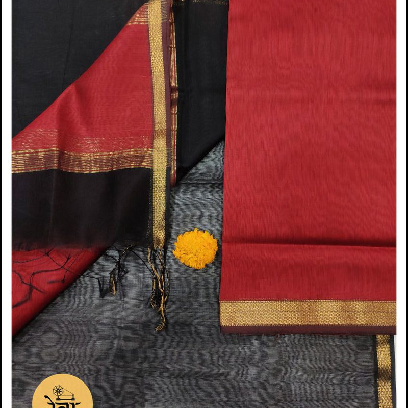 Maheshwari Red-Black Zari Border Dress Material